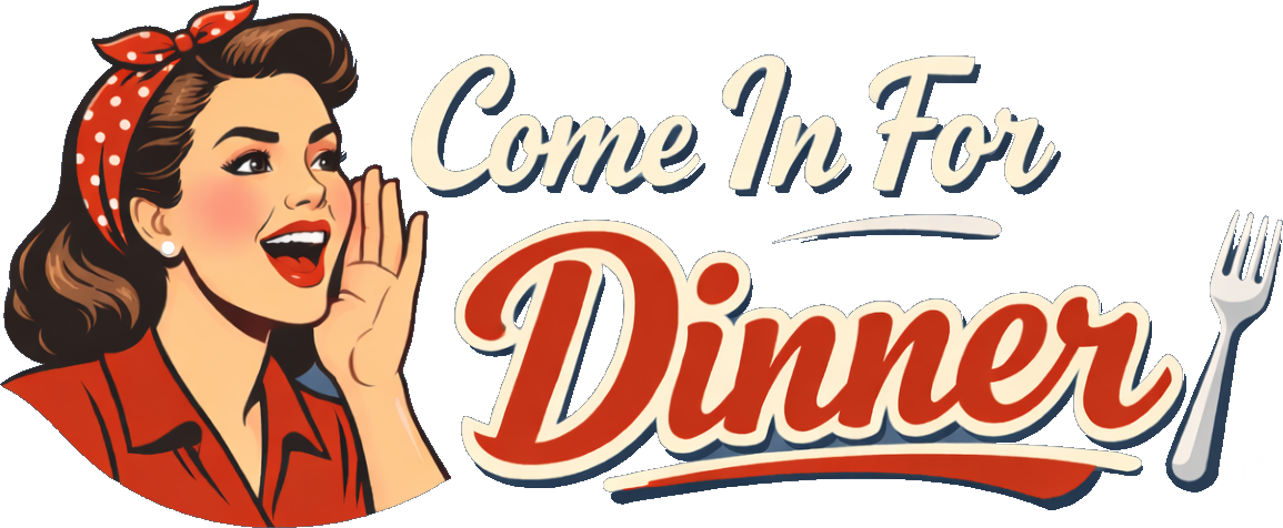 Come in for Dinner Website Logo.   A retro woman calling out to come in for dinner!